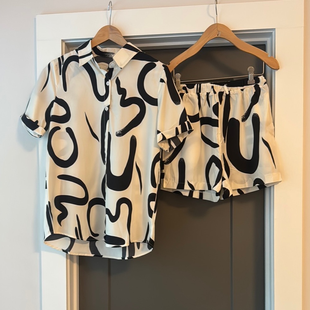 Black and White Abstract Print Shirt and Shorts Set